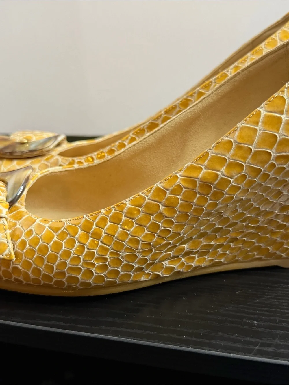 Stuart Weitzman Yellow Snakeskin-Print Flats with Marbled Buckle